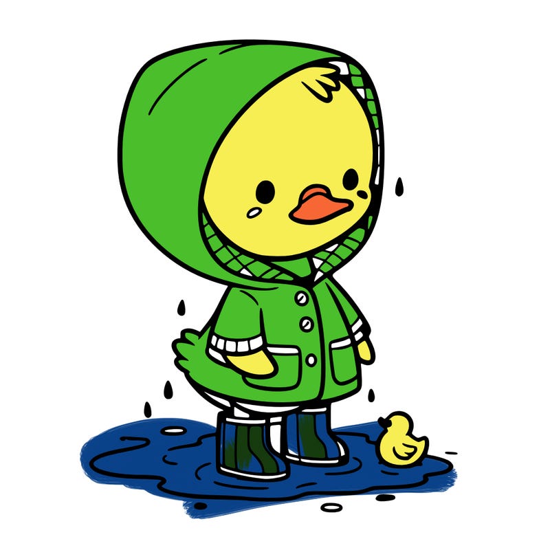 baby duck in a rain coat and boots, in a puddle while it’s raining