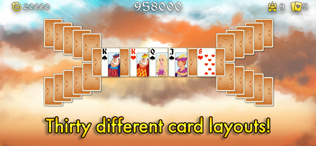 Magic Towers Solitaire - A screen from Magic Towers Solitaire displaying one of the thirty unique card layouts against a serene sky background.