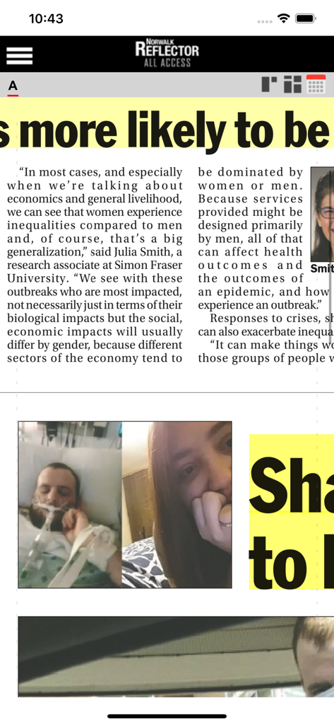 A news article displayed within the Norwalk Reflector mobile app showing text and local community photos.