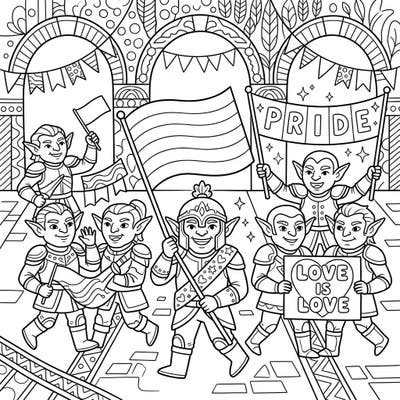 Celebrate Pride Month with this unique coloring page featuring joyful hobgoblins on parade. Designed with clear outlines and engaging details perfect for seniors, it's a delightful way to honor love and diversity.