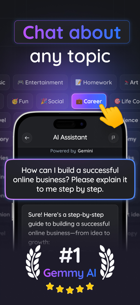 Gemmy AI: Chat & Assistant - Gemmy AI chat interface showing a user asking for career advice and receiving a step-by-step response.
