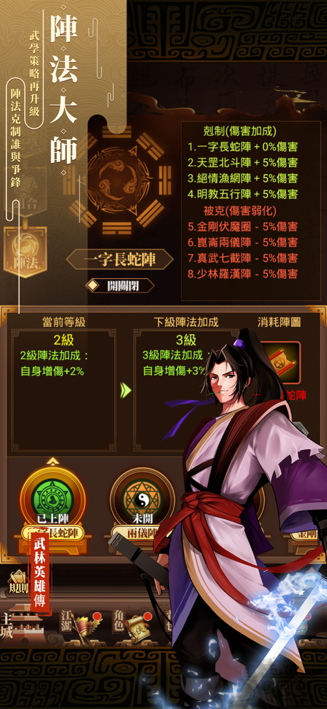 武林英雄傳 - Formation Master screen in Wulin Heroes Biography game displaying character and strategy stats