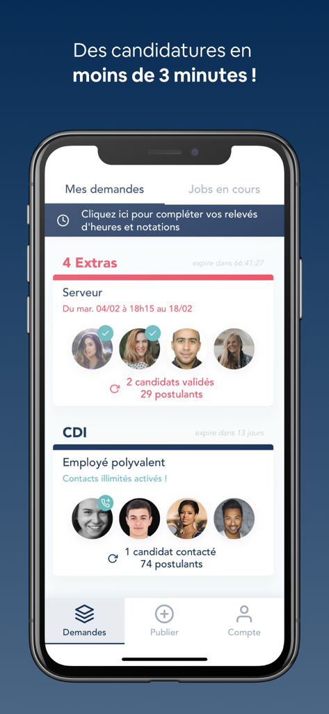 Extracadabra - Recrutement - Extracadabra app interface showing recruitment requests for waiters and employee profiles
