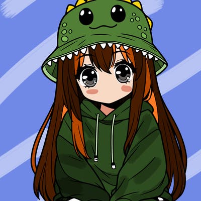 girl with anime shaped eyes with a dinosaur bucket hat oversized sweatshirt long straight hair