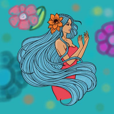 mythical woman with long hair with a flower in her hair