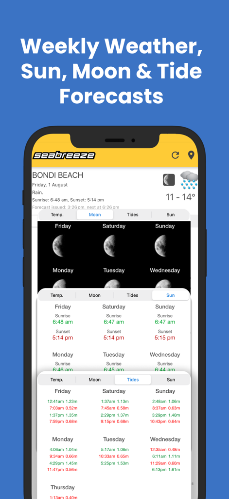 Weekly weather sun moon and tide forecasts for Bondi Beach on the Seabreeze app