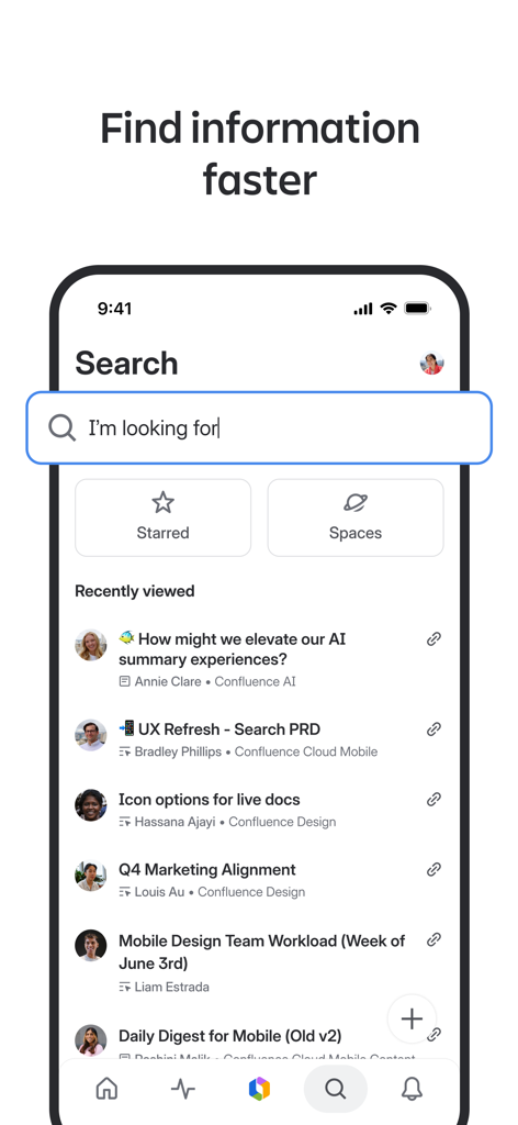 Confluence Cloud mobile app search screen showing recently viewed documents and a search bar