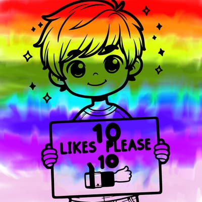 boy holding a sign saying 10 likes please