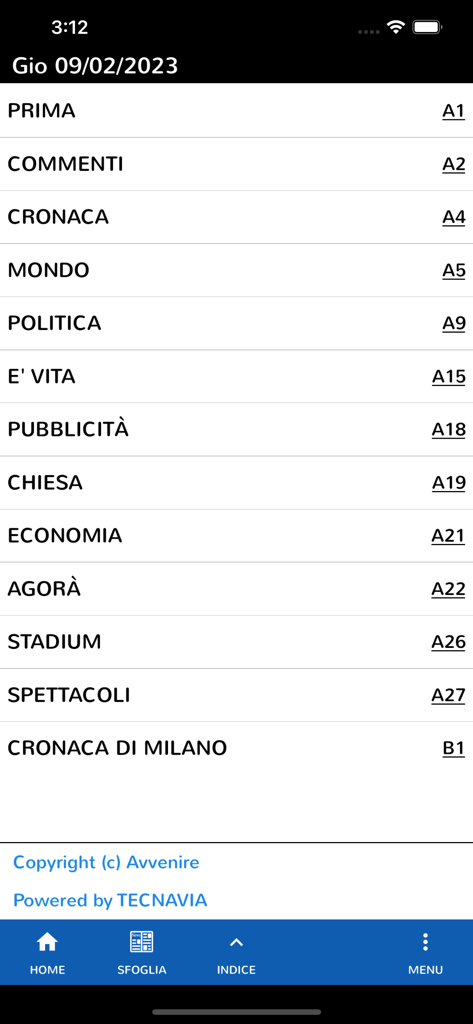 Avvenire - Pantalla que muestra el índice de secciones de noticias en la aplicación Avvenire.