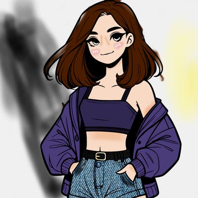 a realistic girl with a crop top and short shorts in an open jacket