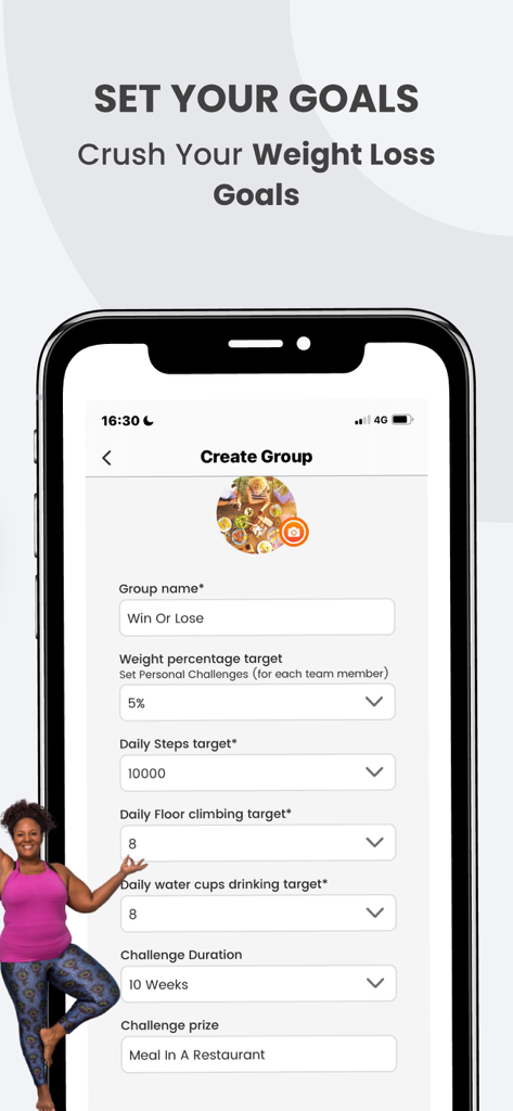 BetterTogether: Weight Loss - Screen from the BetterTogether app for setting group weight loss and fitness challenge goals