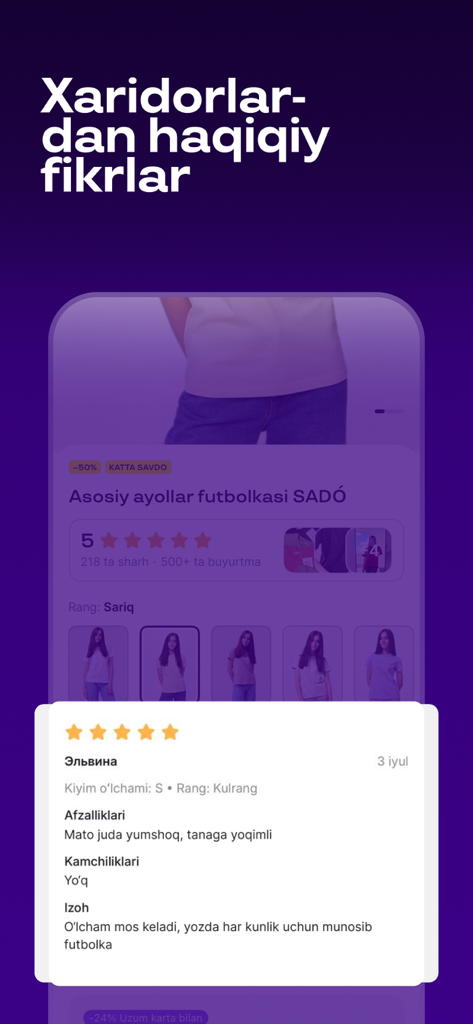 Uzum Market:Online Marketplace - Customer reviews section in the Uzum Market app showing a five star rating for a women's t-shirt.