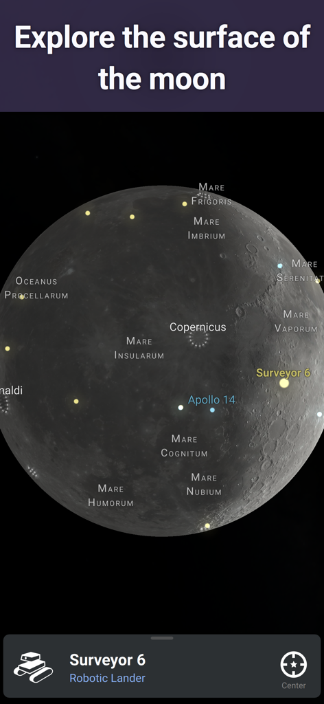Stellarium Mobile - Star Map - Interfaccia dell'app Stellarium Mobile che mostra una mappa lunare dettagliata con etichette per crateri e siti di atterraggio come Surveyor 6
