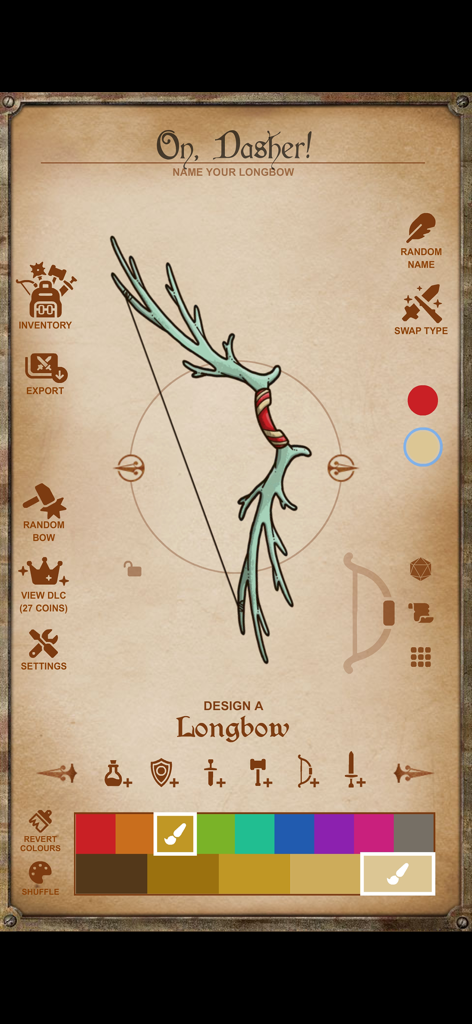 Instant Armory - Interface for designing a custom antler longbow in the Instant Armory fantasy TTRPG app