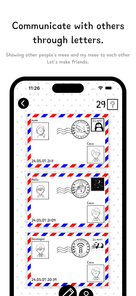 Mobile app screen showing a feature to communicate with others through cute digital letters and custom character avatars.