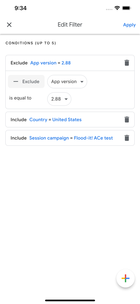 Google Analytics app interface for editing report filters with inclusion and exclusion conditions