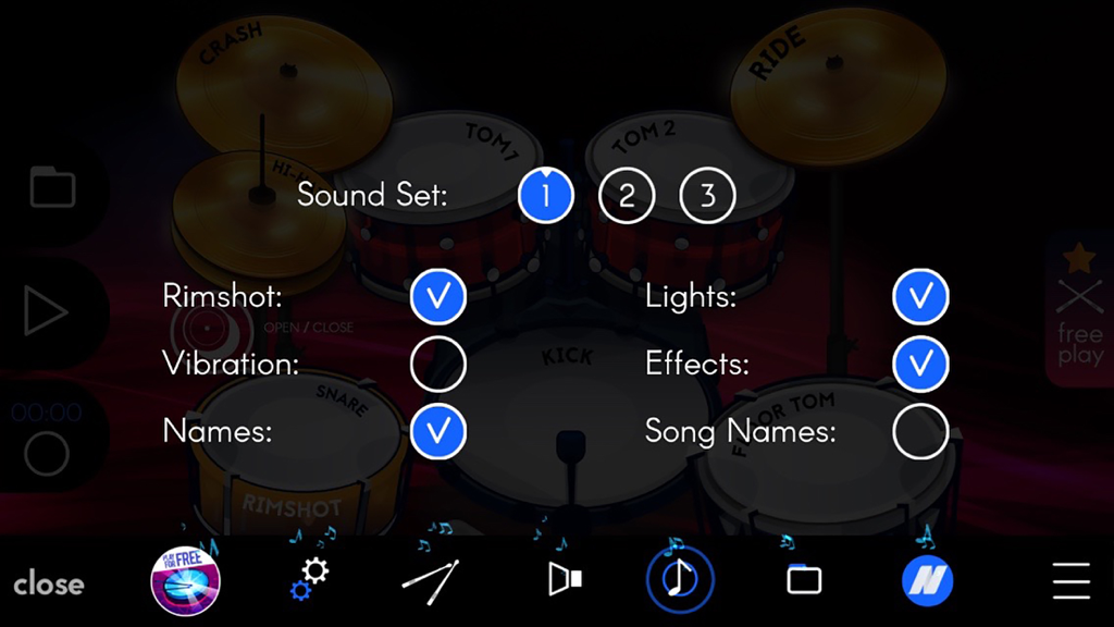 Real Drums 3D - Settings menu in Real Drums 3D app for customizing sounds and haptic effects