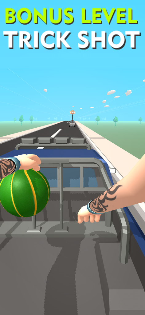 A first person perspective of a bonus level trick shot in the Dribble Hoops mobile game.