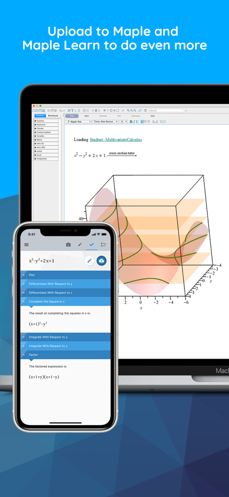 Maple Calculator: Math Solver - Maple Calculator app on a phone syncing a 3D math graph with a laptop