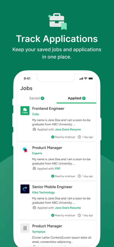 A mobile dashboard in the Cake app showing a list of applied job positions with tracking status and resume details