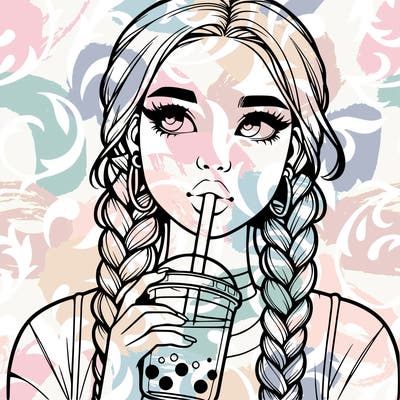 realistic girl with braided hair drinking boba