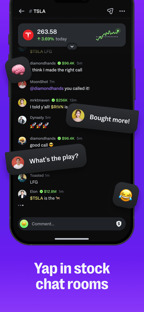 AfterHour: Social Copy Trading - 검증된 거래 데이터가 포함된 Tesla 실시간 주식 채팅방을 보여주는 모바일 앱 화면