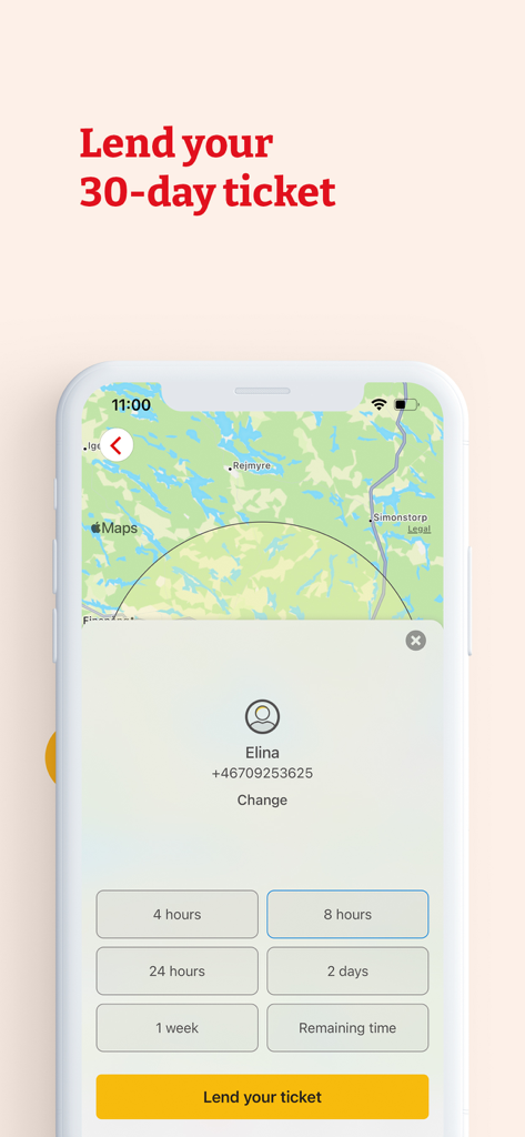 Östgötatrafiken - Interfaz de la aplicación Ostgotatrafiken que muestra la opción de prestar un billete de tránsito de 30 días a un contacto.