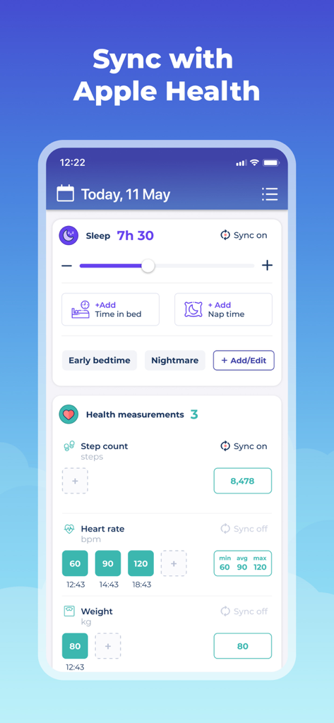 Bearable - Symptom Tracker - Oberfläche der Bearable-App, die mit Apple Health synchronisierte Gesundheitsdaten anzeigt, einschließlich Schlafdauer und täglicher Schrittzahl.