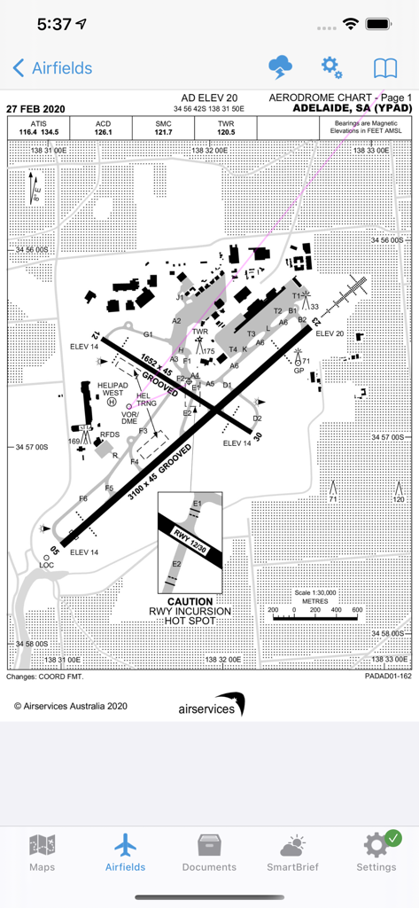 Aerodrome chart for Adelaide airport showing runways and taxiways in OzRunways EFB