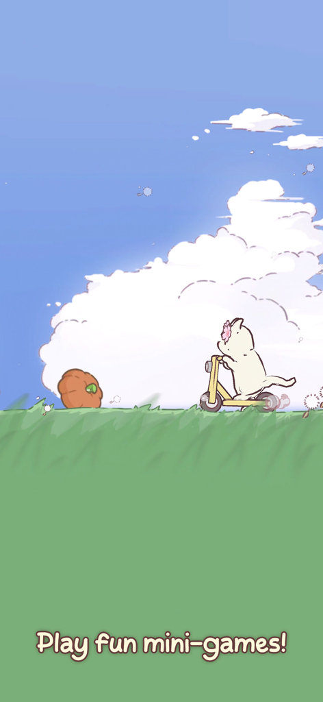 花冠をかぶった可愛い白い猫が、草地でスクーターに乗っている。