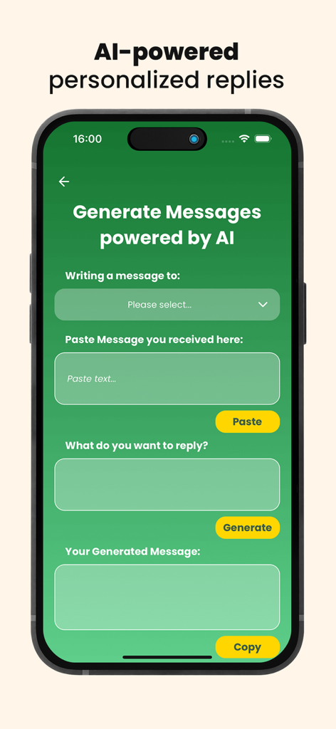 MultiChat Business Messenger - MultiChat App-Oberfläche mit dem KI-gestützten Nachrichtengenerator für personalisierte Antworten