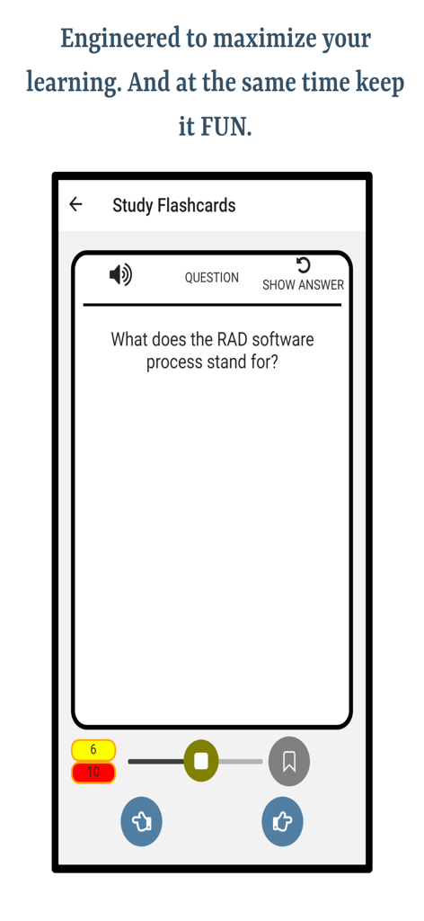 Learn Software Engineering - A mobile app screen showing a software engineering study flashcard asking about the RAD process