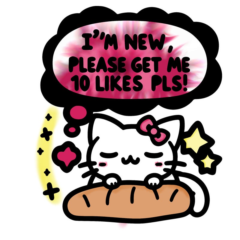 kitty taking a nap dream talking and saying "i'm new, please get me at least 10 likes pls!!"