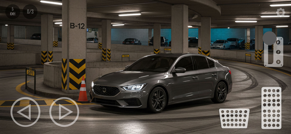 A grey sedan navigating a realistic underground parking garage with mobile game driving controls