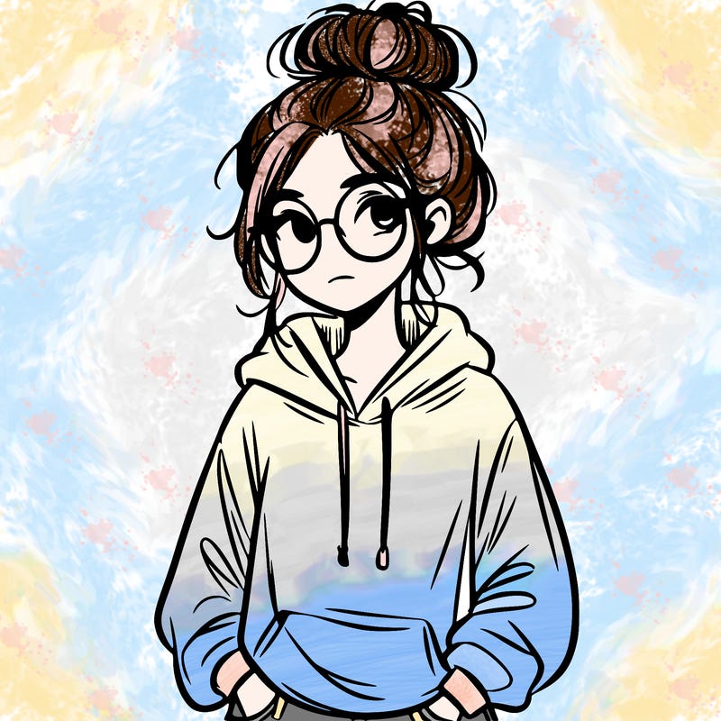 teen girl with a messy bun and glasses wearing a loose hoodie and jeans