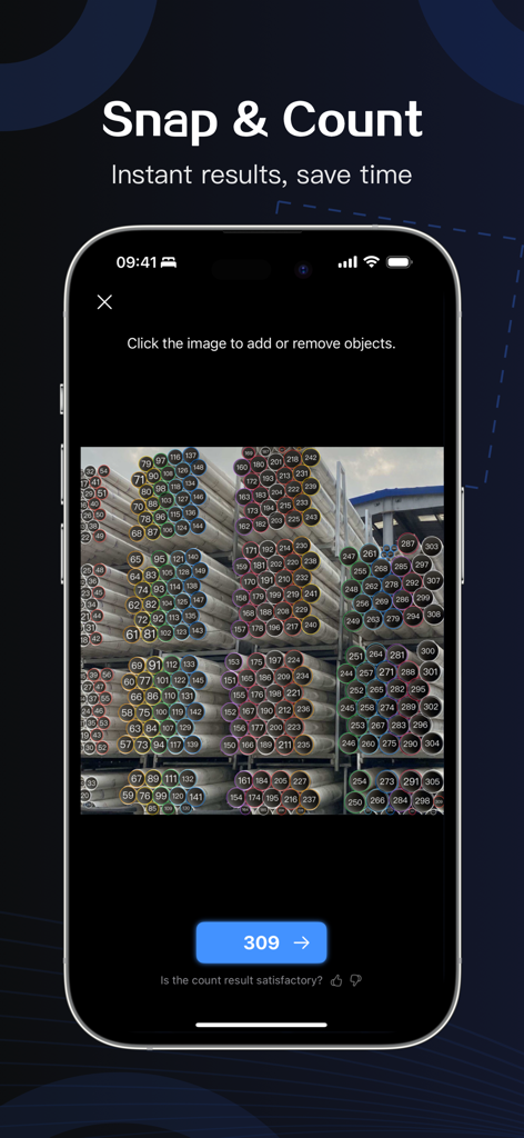 SnapCount AI app counting three hundred and nine pipes in a warehouse