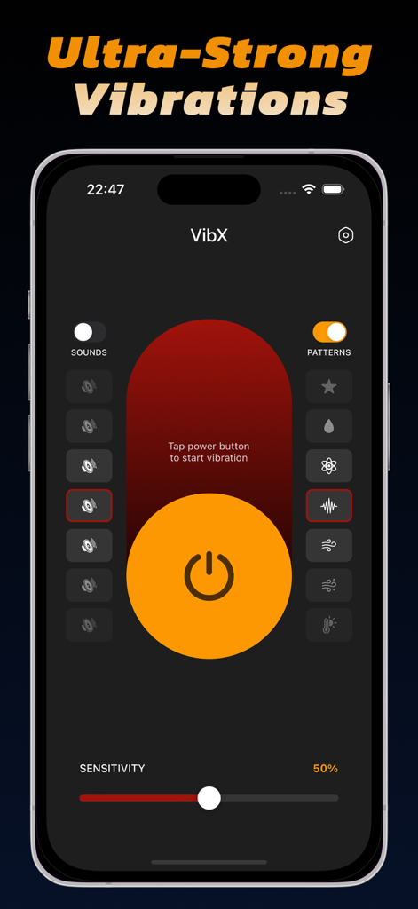 VibX app main screen showing ultra strong vibration controls with power button and sensitivity slider