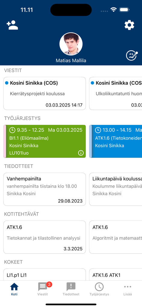 Wilma - The home screen of the Wilma school communication app displaying a student schedule and messages.