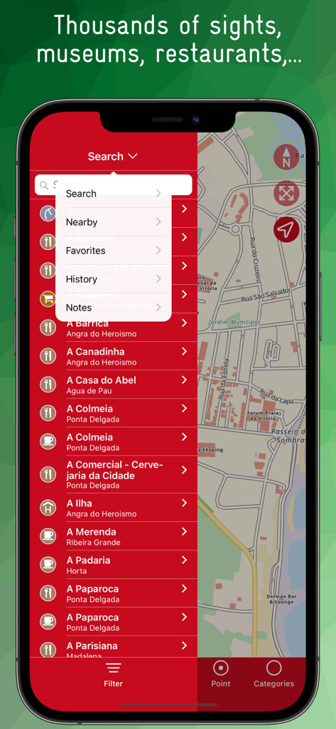 Pantalla de búsqueda de la aplicación Mapa Offline de Azores que muestra una lista de restaurantes locales y puntos de interés en un mapa