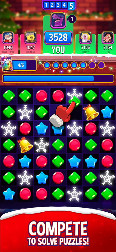 Match Masters multiplayer puzzle game board with a competitive leaderboard