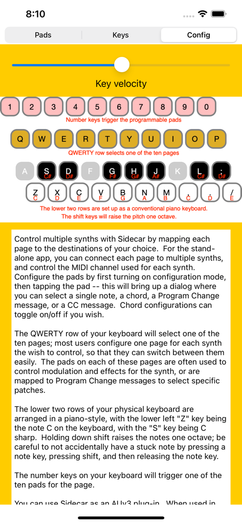 Sidecar MIDI Controller - Sidecar MIDI Controllerアプリの設定画面。QWERTYキーが音楽制作のためにパッドやピアノノートにどのようにマッピングされているかを表示。