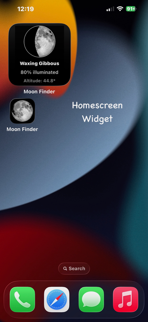 Moon Finder: Moonrise Widget - iPhone home screen displaying the Moon Finder widget with waxing gibbous phase and altitude data