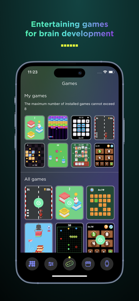 Cubitt Jr + Teens - Pantalla de la aplicación Cubitt Jr y Teens que muestra una variedad de minijuegos para el desarrollo cerebral