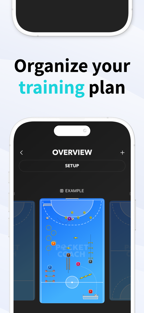 iPhone screen showing a futsal court layout for organizing training plans in the Pocket Coach app