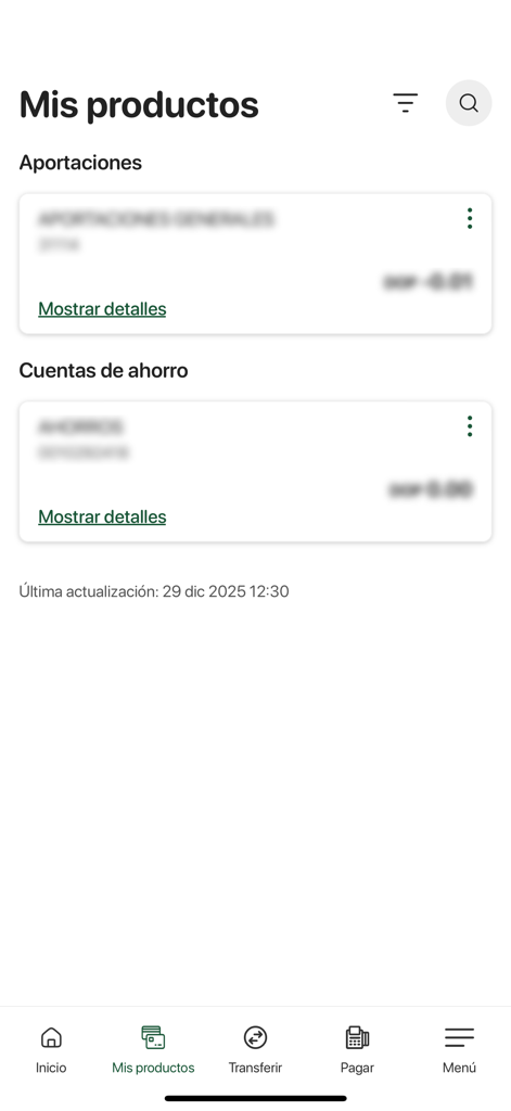 Mobile banking screen of CoopSanjosé En Línea showing savings and contribution account balances in Spanish.