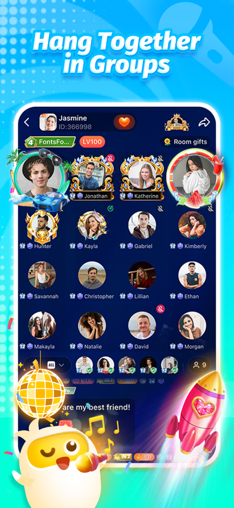 Schermata dell'app TopTop che mostra una stanza di chat vocale di gruppo con molti profili utente