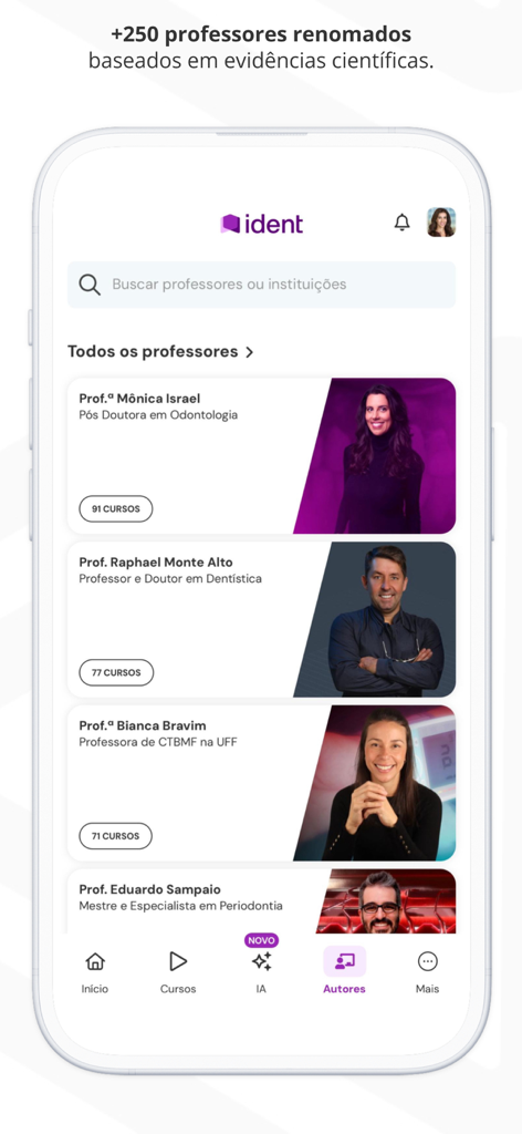 A mobile screen showing a list of professional dentistry instructors and the number of courses they offer on the Ident app.