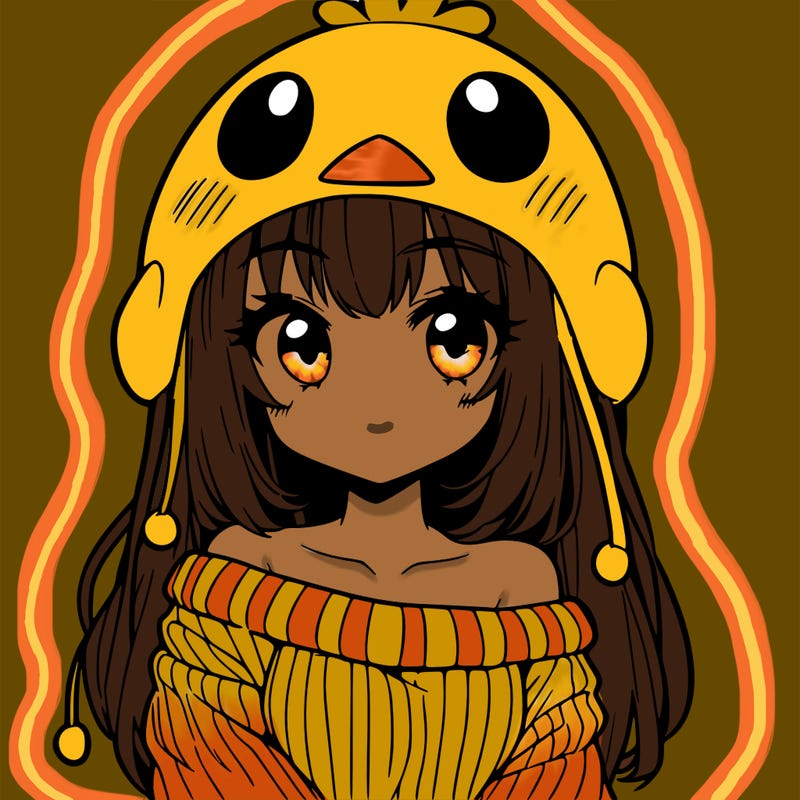 anime girl with chick shaped hat with sweater with bare shoulders with bangs covering them one eye with low tail