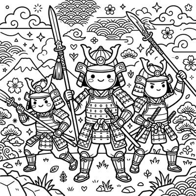 Dive into a world of cuteness with this Kawaii Yari Spearsmen coloring page. Featuring three charming samurai warriors with their spears amidst traditional Japanese scenery, it's a delightful adventure for your crayons.