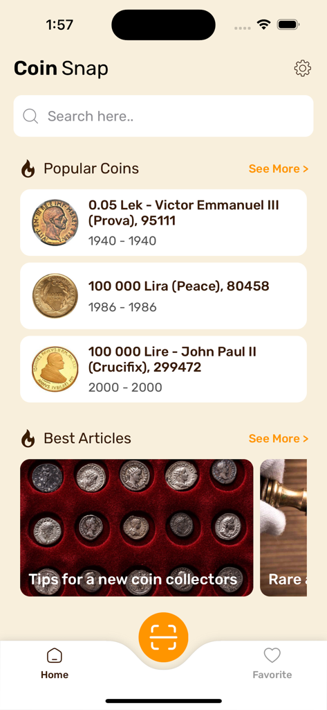 Coin Identifier: Coin Value - Interfaz de la aplicación Coin Identifier que muestra monedas populares y consejos para coleccionistas.